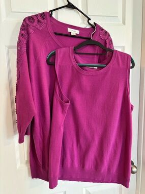 CJ Banks Fuchsia lace sleeve cardigan 2x & sleeveless knit top 1X